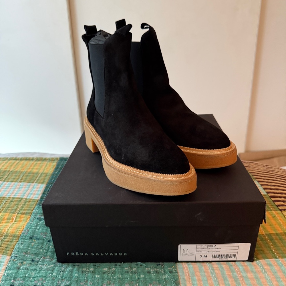 Freda Salvador Black Suede Chelsea Ankle Boots with Tan Platform Sole